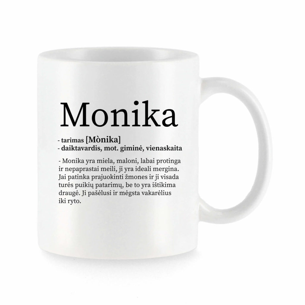 Baltas universalus puodelis su vardo improvizacija Monika