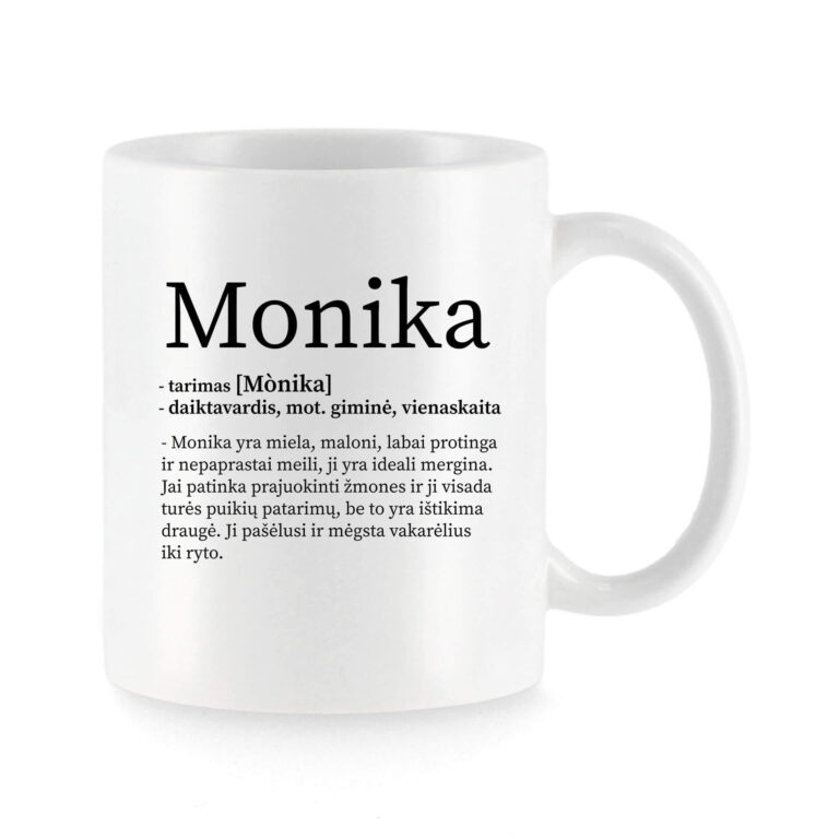 Baltas universalus puodelis su vardo improvizacija Monika