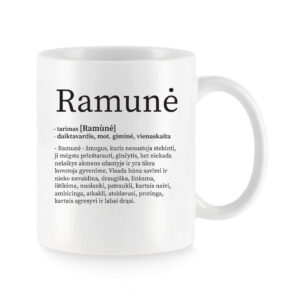 Baltas keraminis puodelis su vardu „Ramunė“ ir šiltu vardo apibūdinimu