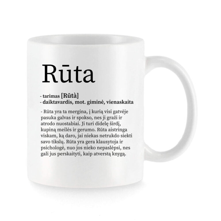 Baltas universalus puodelis su vardo improvizacija Rūta