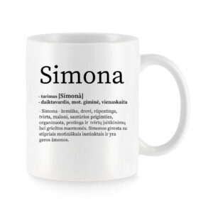 Baltas keraminis puodelis su vardu „Simona“ ir šiltu vardo apibūdinimu