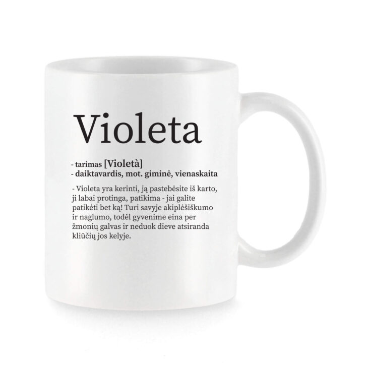 Baltas universalus puodelis su vardo improvizacija Violeta