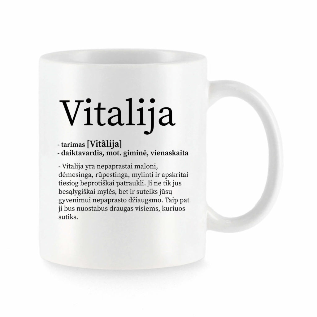 Baltas universalus puodelis su vardo improvizacija Vitalija