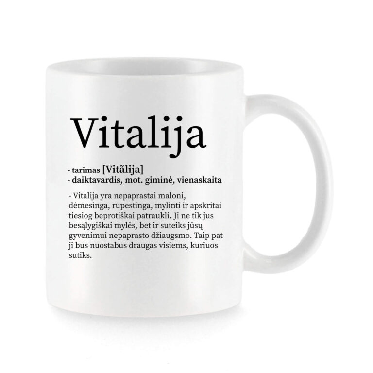 Baltas universalus puodelis su vardo improvizacija Vitalija