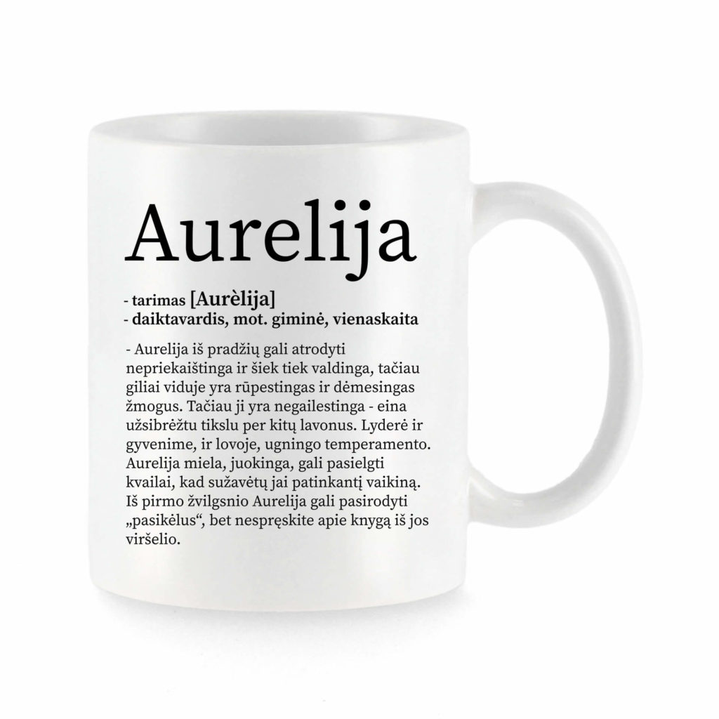 Baltas universalus puodelis su vardo improvizacija Aurelija