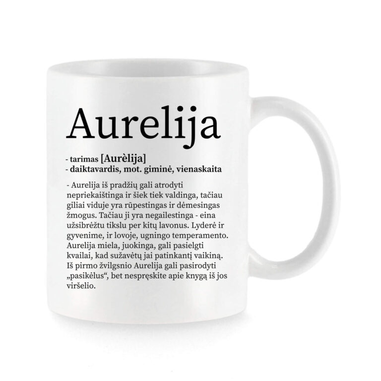 Baltas universalus puodelis su vardo improvizacija Aurelija