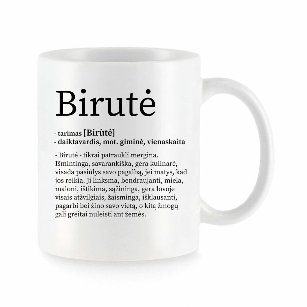 Baltas universalus puodelis Birutė su vardo improvizacija