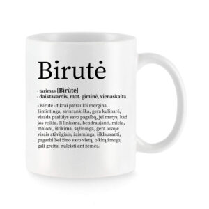Baltas universalus puodelis Birutė su vardo improvizacija