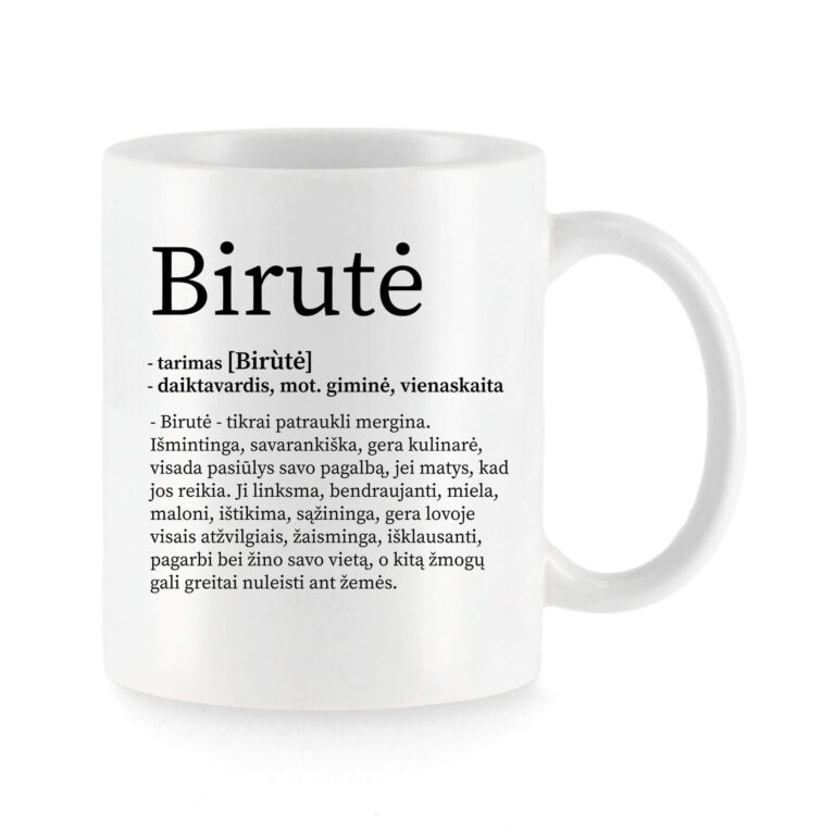 Baltas universalus puodelis Birutė su vardo improvizacija