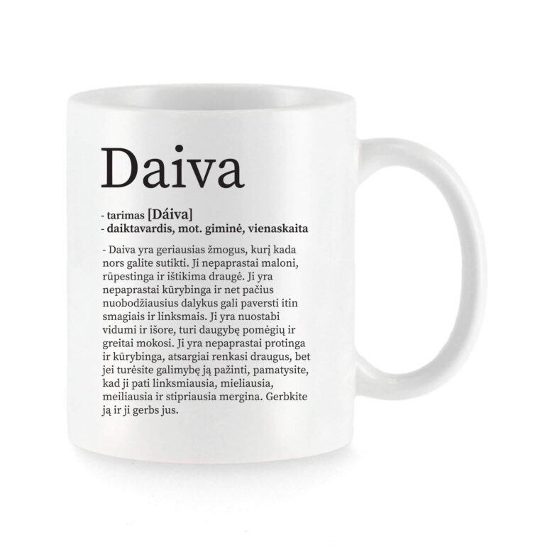 Baltas universalus puodelis su vardo improvizacija Daiva