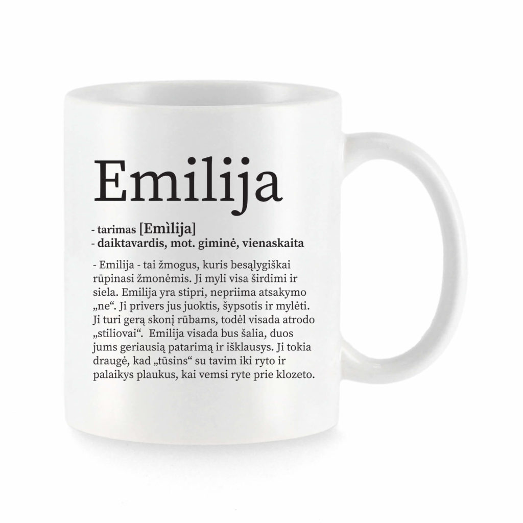 Baltas universalus puodelis su vardo improvizacija Emilija
