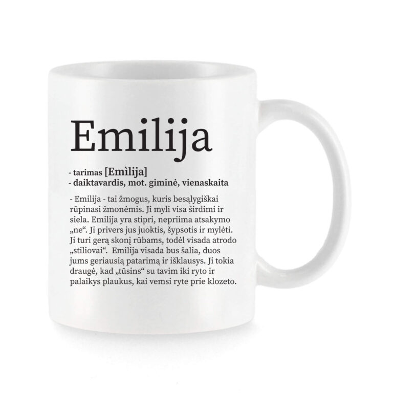 Baltas universalus puodelis su vardo improvizacija Emilija