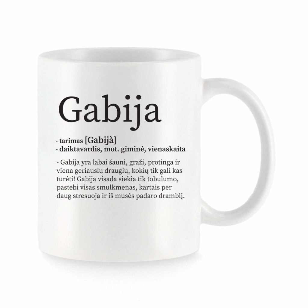 Baltas universalus puodelis su vardo improvizacija Gabija