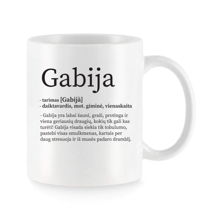 Baltas universalus puodelis su vardo improvizacija Gabija