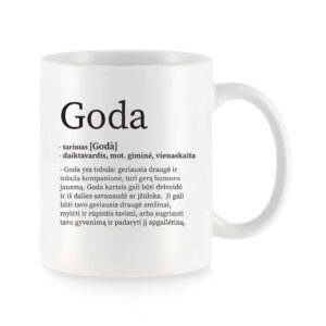Baltas keraminis puodelis su vardu „Goda“ ir humoristiniu vardo apibūdinimu
