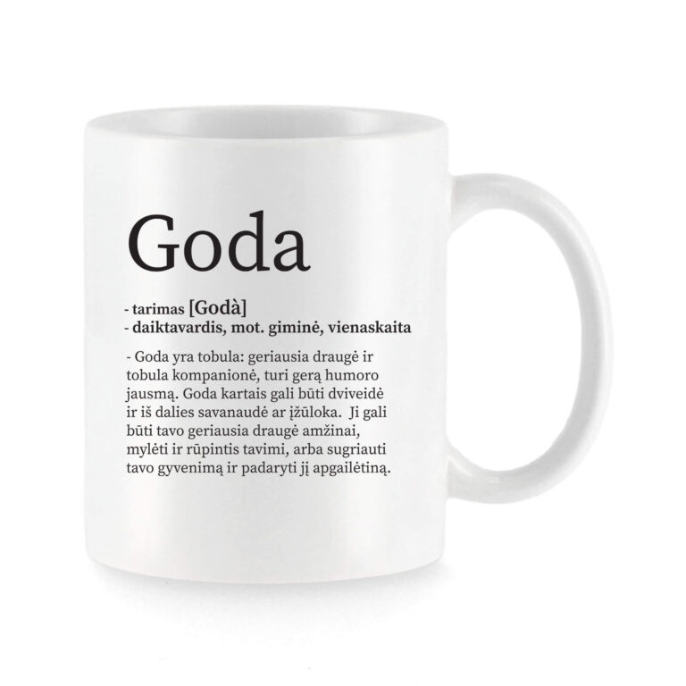 Baltas universalus puodelis su vardo improvizacija Goda