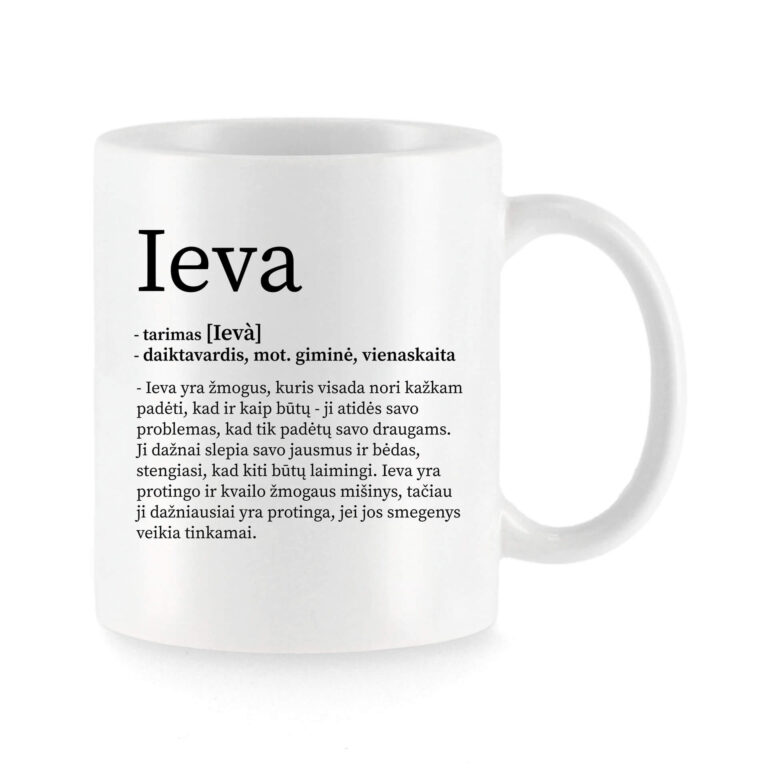 Baltas universalus puodelis su vardo improvizacija Ieva