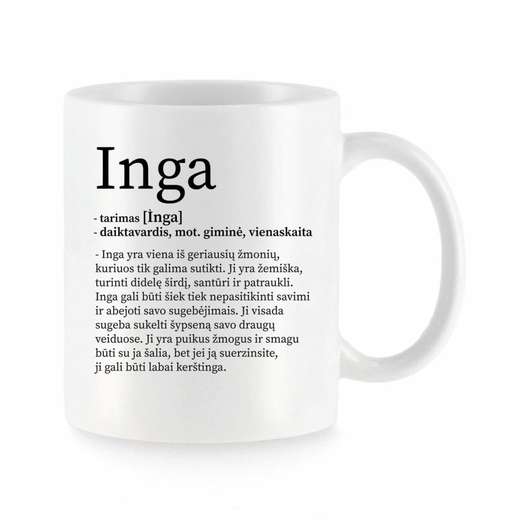 Baltas universalus puodelis su vardo improvizacija Inga
