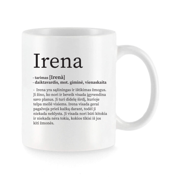 Baltas universalus puodelis su vardo improvizacija Irena