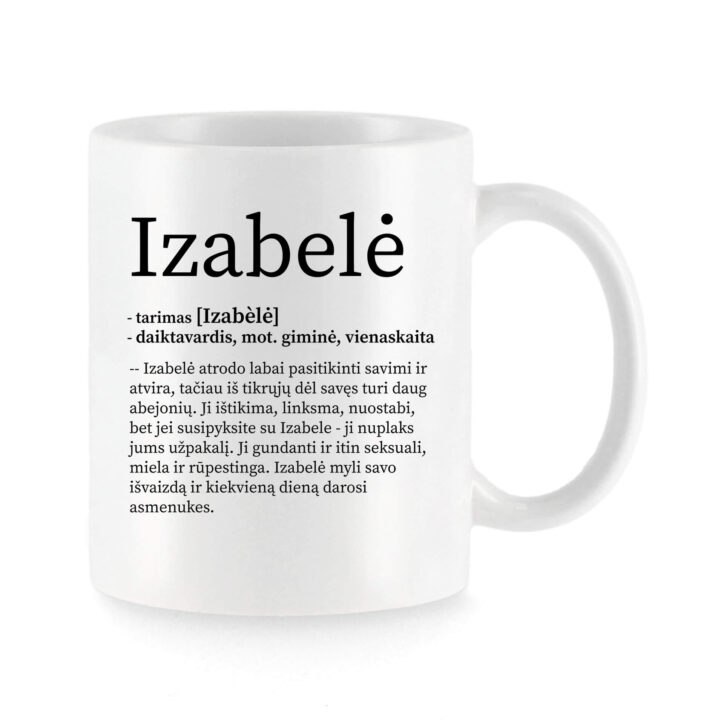 Baltas universalus puodelis su vardo improvizacija Izabelė
