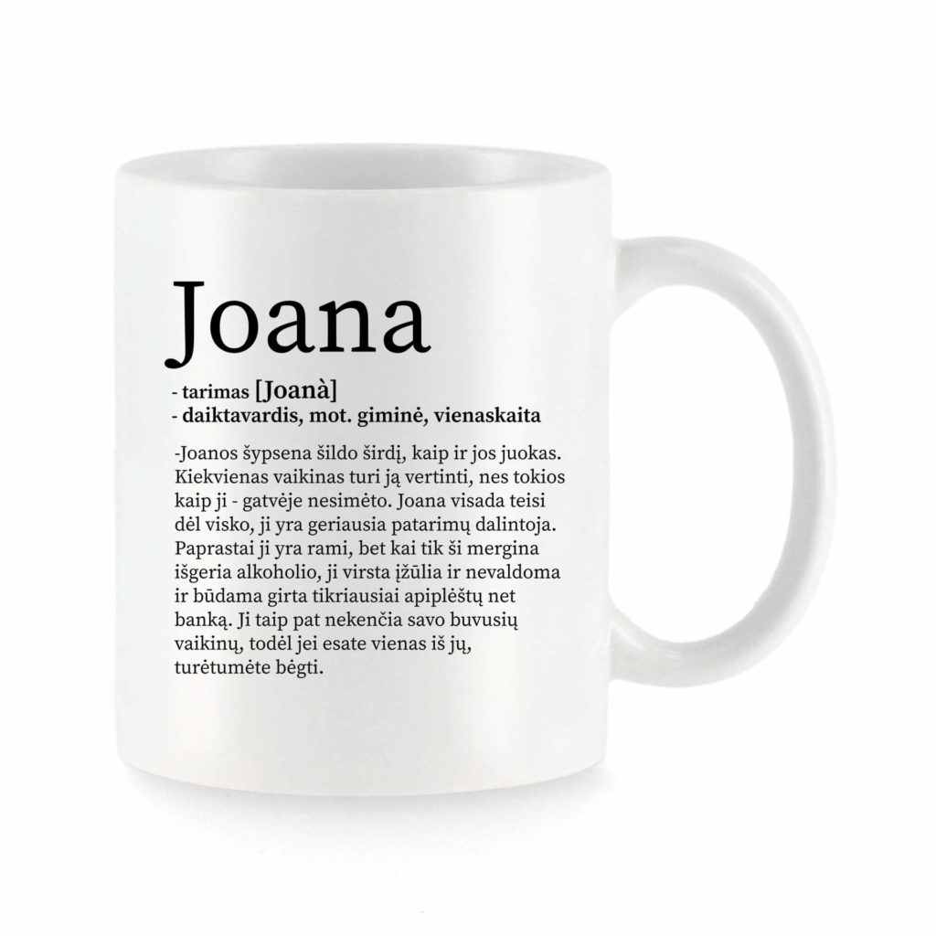 Baltas universalus puodelis su vardo improvizacija Joana