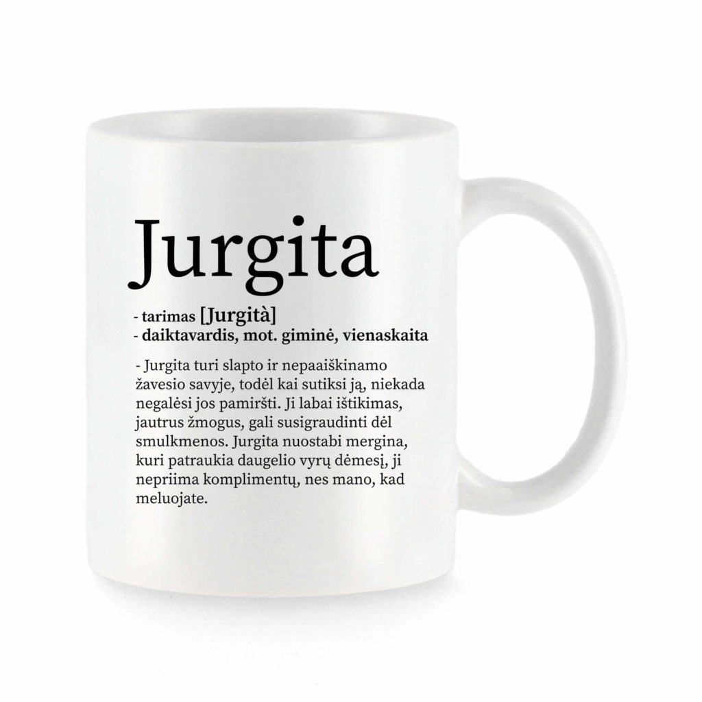 Baltas universalus puodelis su vardo improvizacija Jurgita
