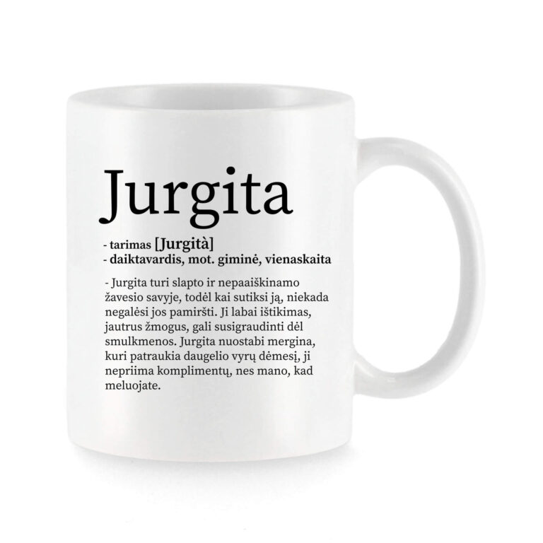 Baltas universalus puodelis su vardo improvizacija Jurgita
