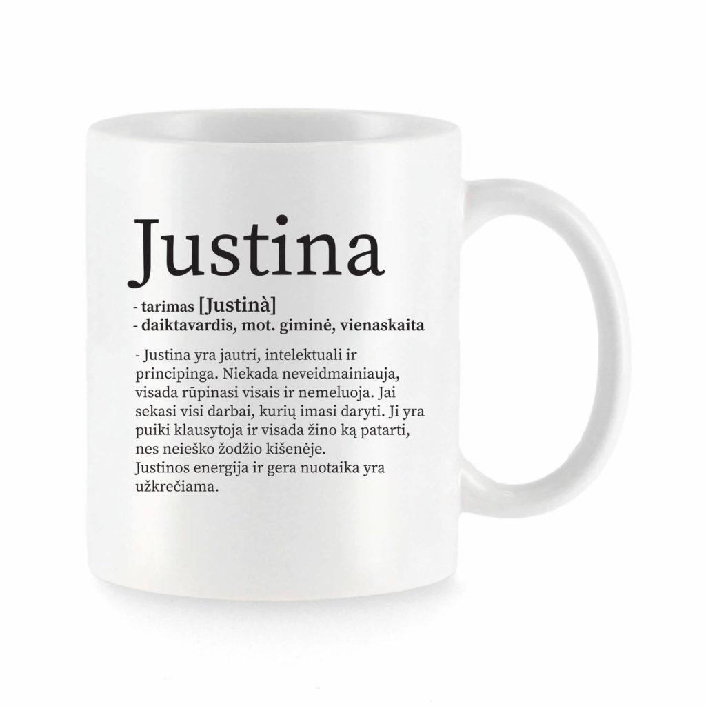 Baltas universalus puodelis su vardo improvizacija Justina