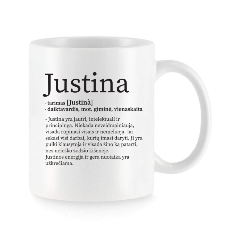 Baltas universalus puodelis su vardo improvizacija Justina