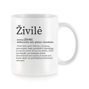 Baltas keraminis puodelis su vardu „Živilė“ ir šiltu vardo apibūdinimu