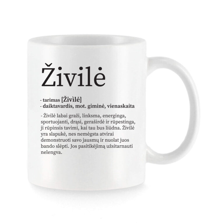 Baltas universalus puodelis su vardo improvizacija Živilė