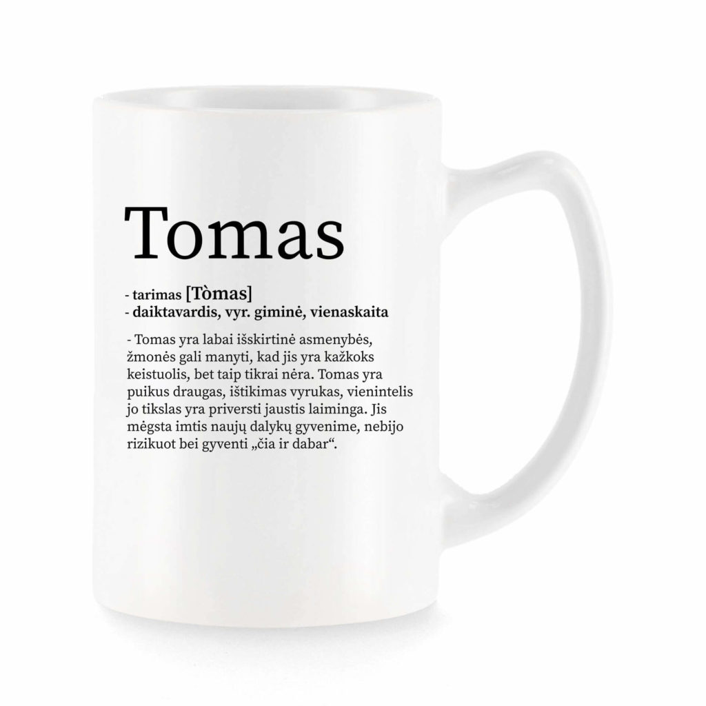 Baltas universalus puodelis su vardo improvizacija Tomas