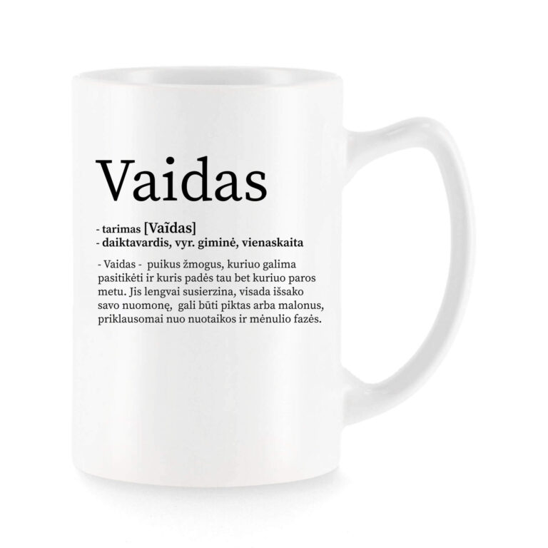 Baltas universalus puodelis su vardo improvizacija Vaidas