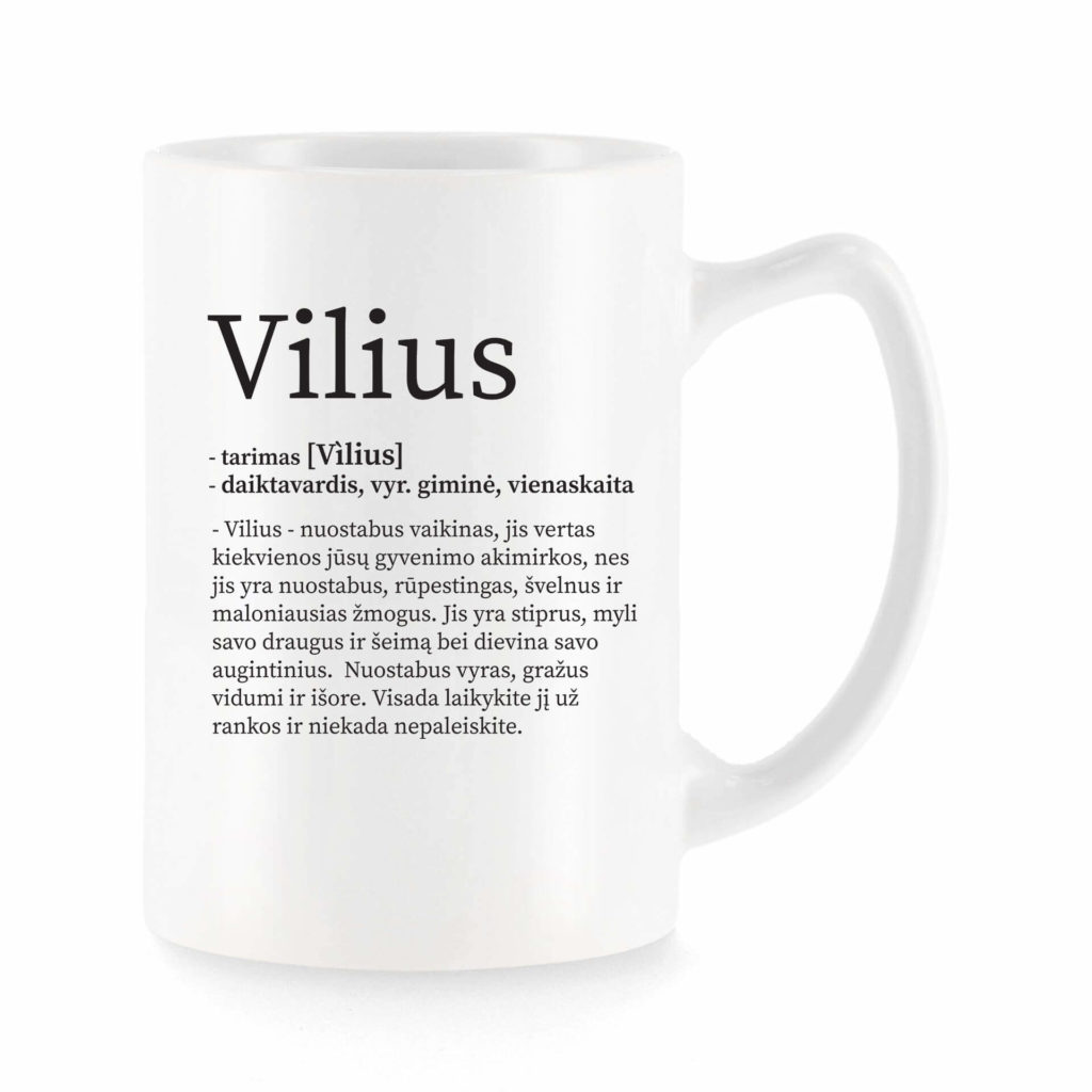 Baltas universalus puodelis su vardo improvizacija Vilius