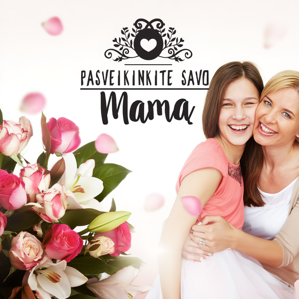 Reklaminis skydelis, kur mama yra apkabinusi savo dukrą. Užrašas - Pasveikink savo mamą.