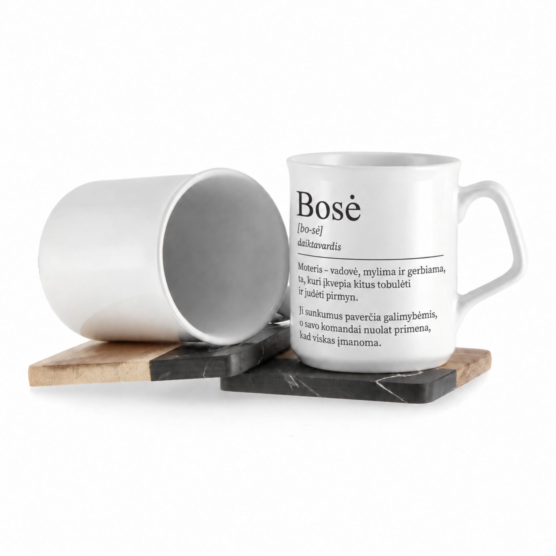 Elegantiško stiliaus puodelis "Bosė" 260 ml 2 Elegantiškas baltas keraminis puodelis su spauda Bosė