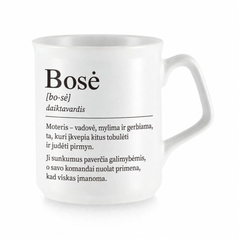 Elegantiškas baltas keraminis puodelis su spauda Bosė