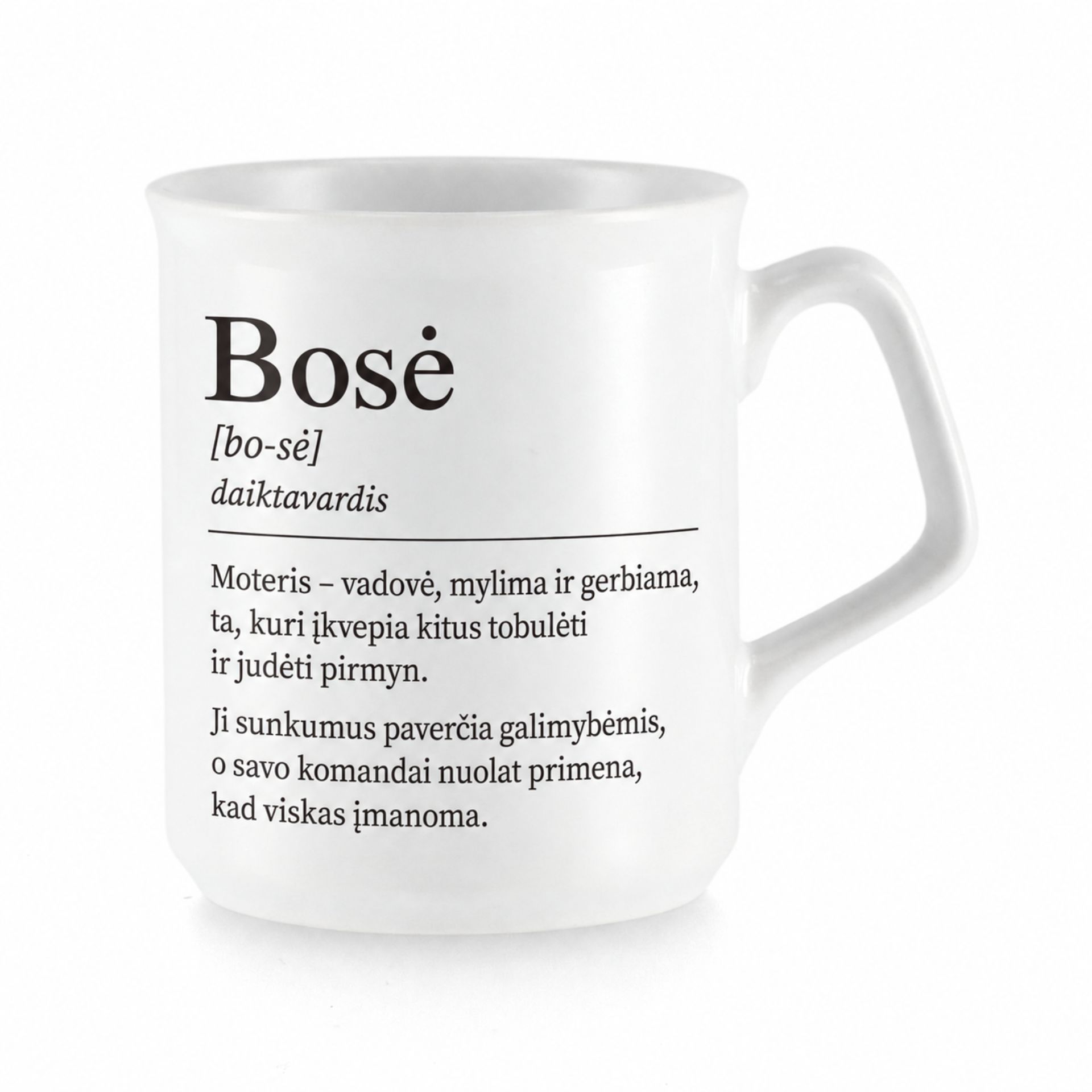Elegantiško stiliaus puodelis "Bosė" 260 ml 1 Elegantiškas baltas keraminis puodelis su spauda Bosė