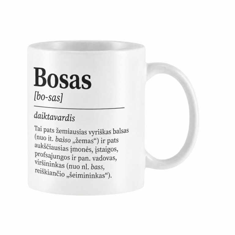 Baltas keraminis puodelis su spauda Bosas